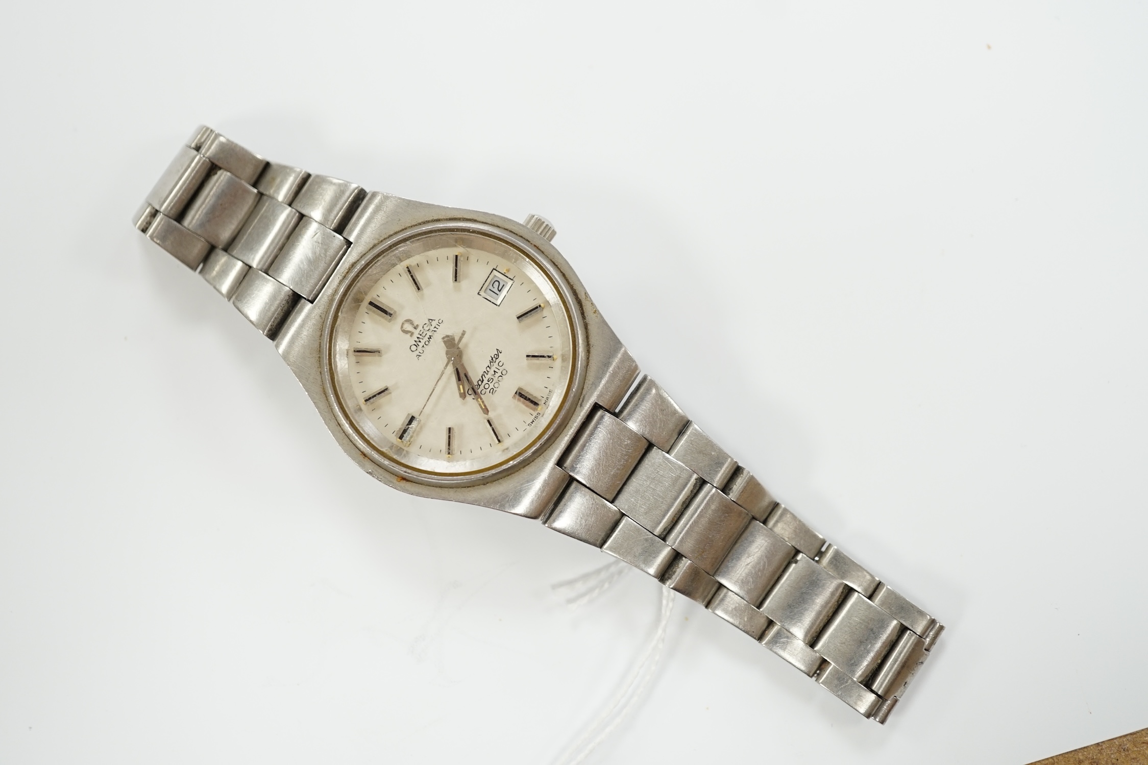 A gentleman's stainless steel Omega Seamaster Cosmic Automatic wrist watch, with baton numerals, on a stainless steel Omega bracelet, no box or papers.